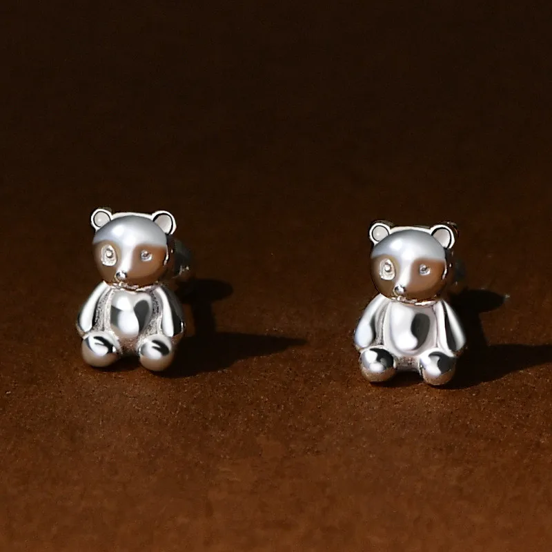 Uniorsj 100% 999 Sterling Silver Cute Cartoon Mini Bear Screw Bead Small Stud Earrings for Women Piercing Jewelry