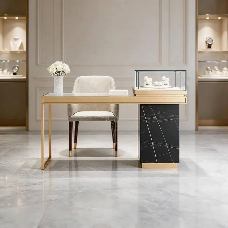 custom.Luxury White Fluted VIP Desk Gold Trim Column Leg LED Display Wall Niche Curved Sofa Lounge Jewelry Marble Boutique Shopf