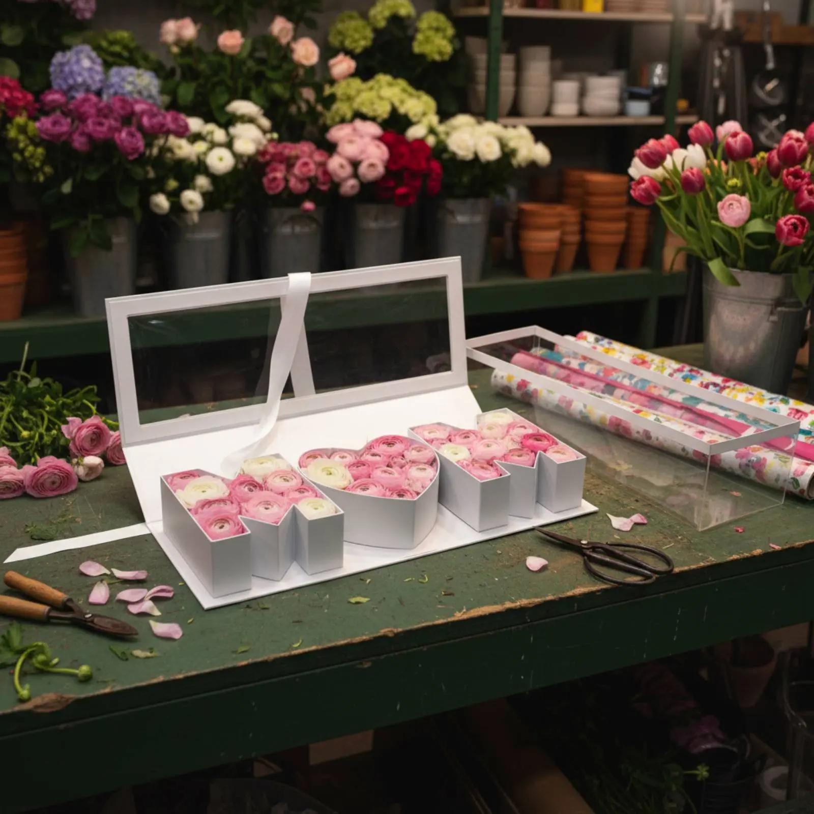 20 Pieces Window Flower Box Easy to Assemble Letter Flower Box Handle Ribbon for Mother's Day