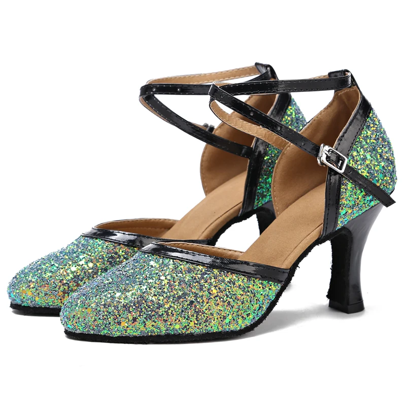 Zapatos latinos de salón con purpurina para mujer, calzado con punta cerrada para Tango, zapatos de baile de Salsa modernos, fiesta de vals, Rumba, tacones de Jazz, color verde