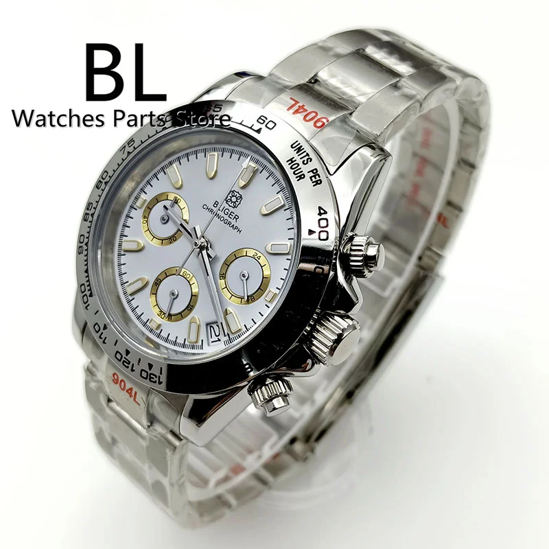 Imagem -03 - Bliger-prata Quartzo Cronógrafo Relógio para Homens Movimento Vk63 Safira Cristal Mostrador Branco 39 mm Aço Inoxidável