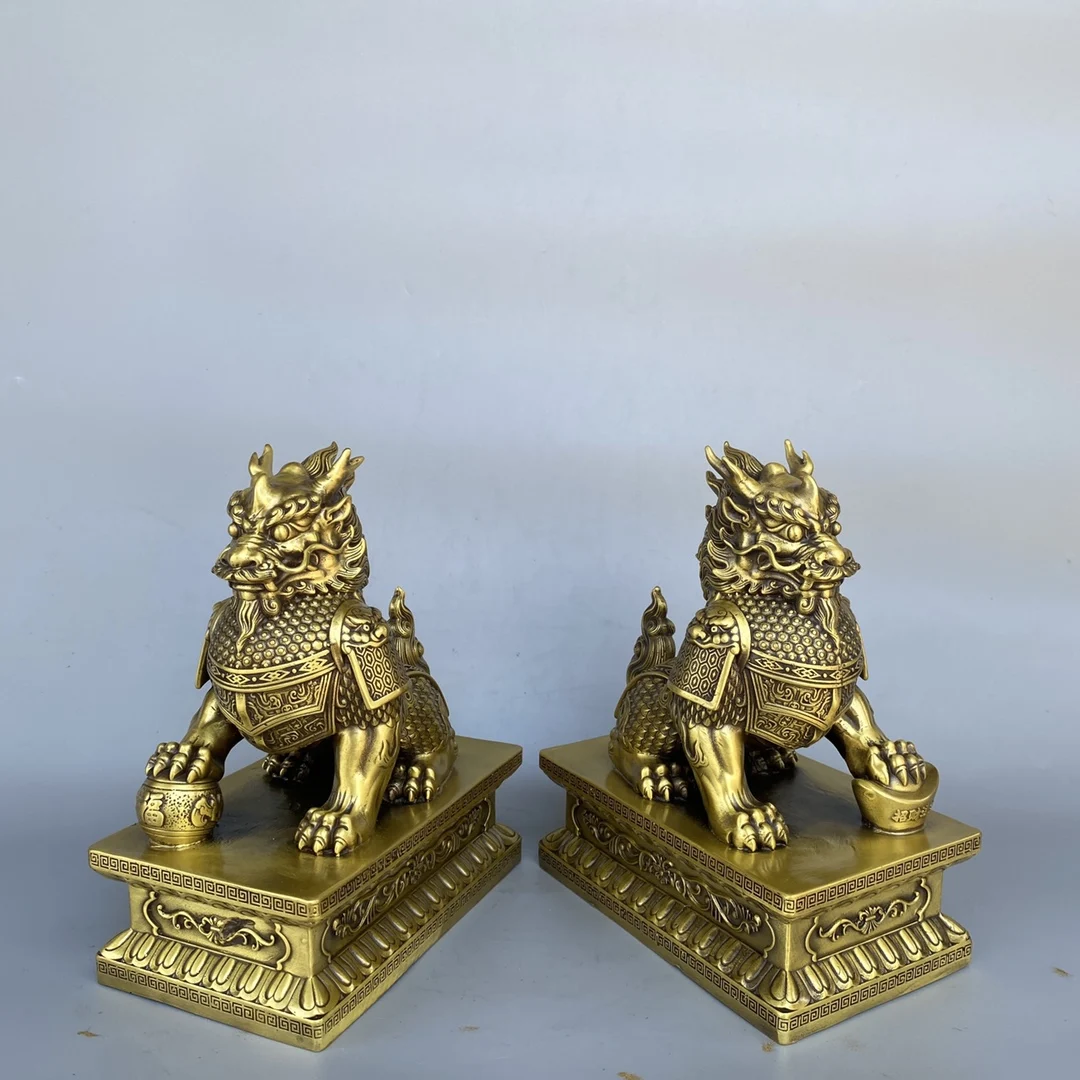 

14"Tibetan Temple Collection Old Brass Kirin Statue Base Kirin Door God Watchman Amass wealth Ornaments Town house Exorcism