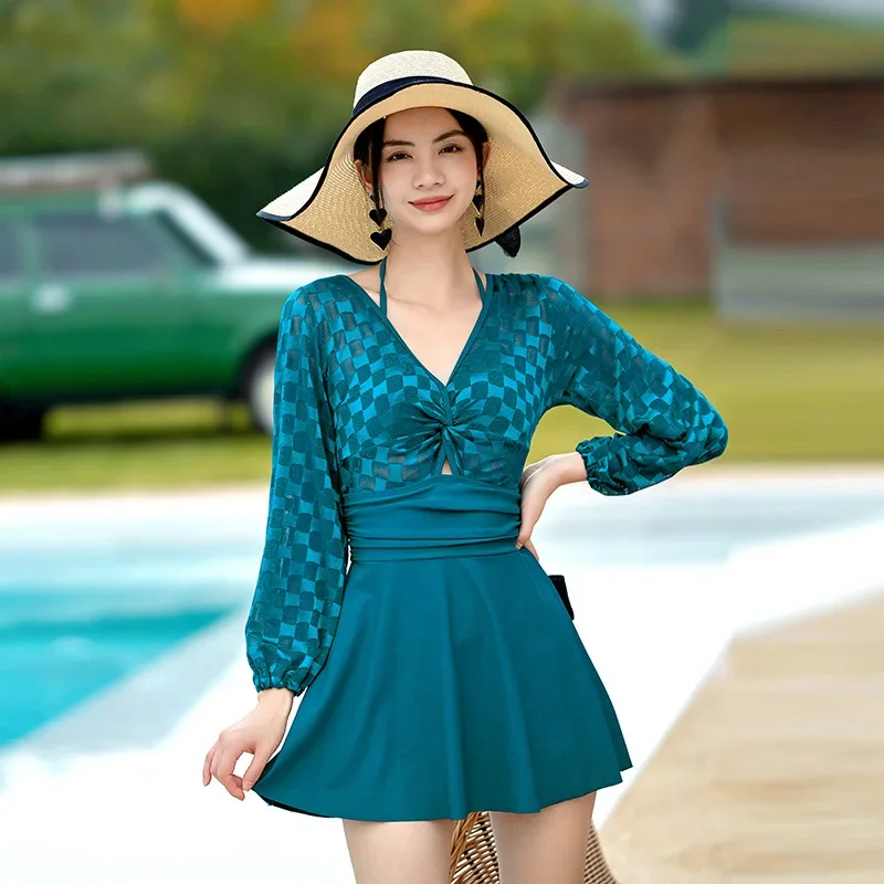 wisuwore Long Sleeve Swimsuit Women V-Neck Slip Dress Korean Style  New Sexy Skirt One-piece Summer Vacation Slimming Swimsuit