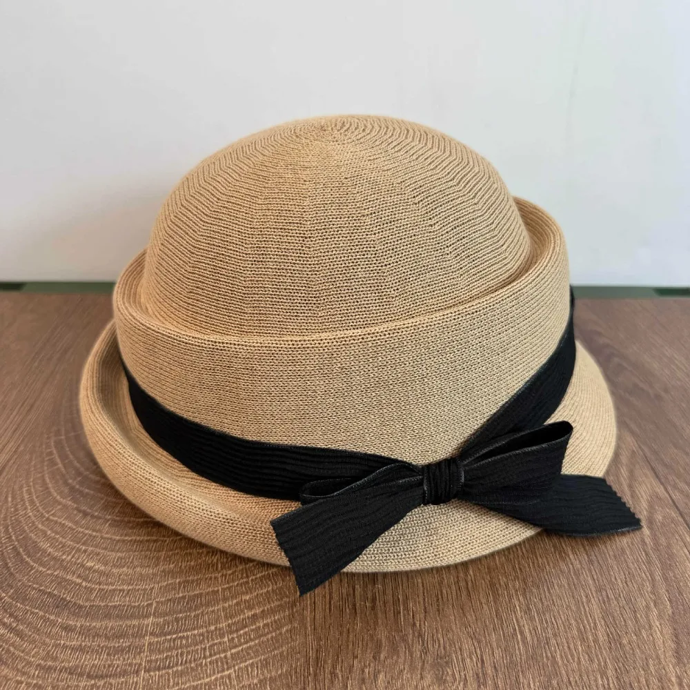 

Elegant Bowknot Bow Topper Hat Weave Thin Women Bucket Hat French Style Flat-top Basin Hat Spring Summer