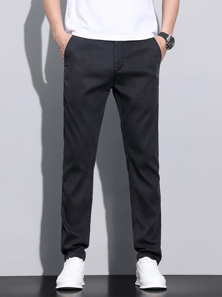 Pantalones informales de tela de fibra Lyocell para hombre, pantalón recto, ajustado, fino, suave, transpirable, elástico, para negocios, negro y gris, verano