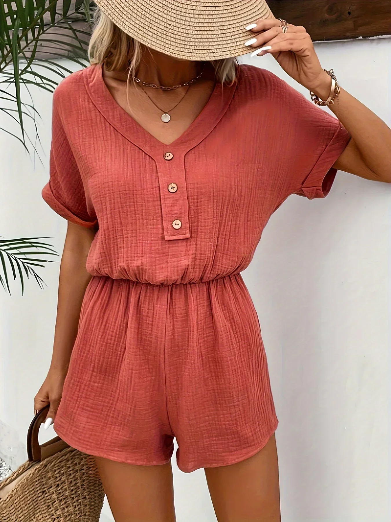 

2024 Spring/Summer New Solid Color Loose Short Sleeve Button up Pocket jumpsuit