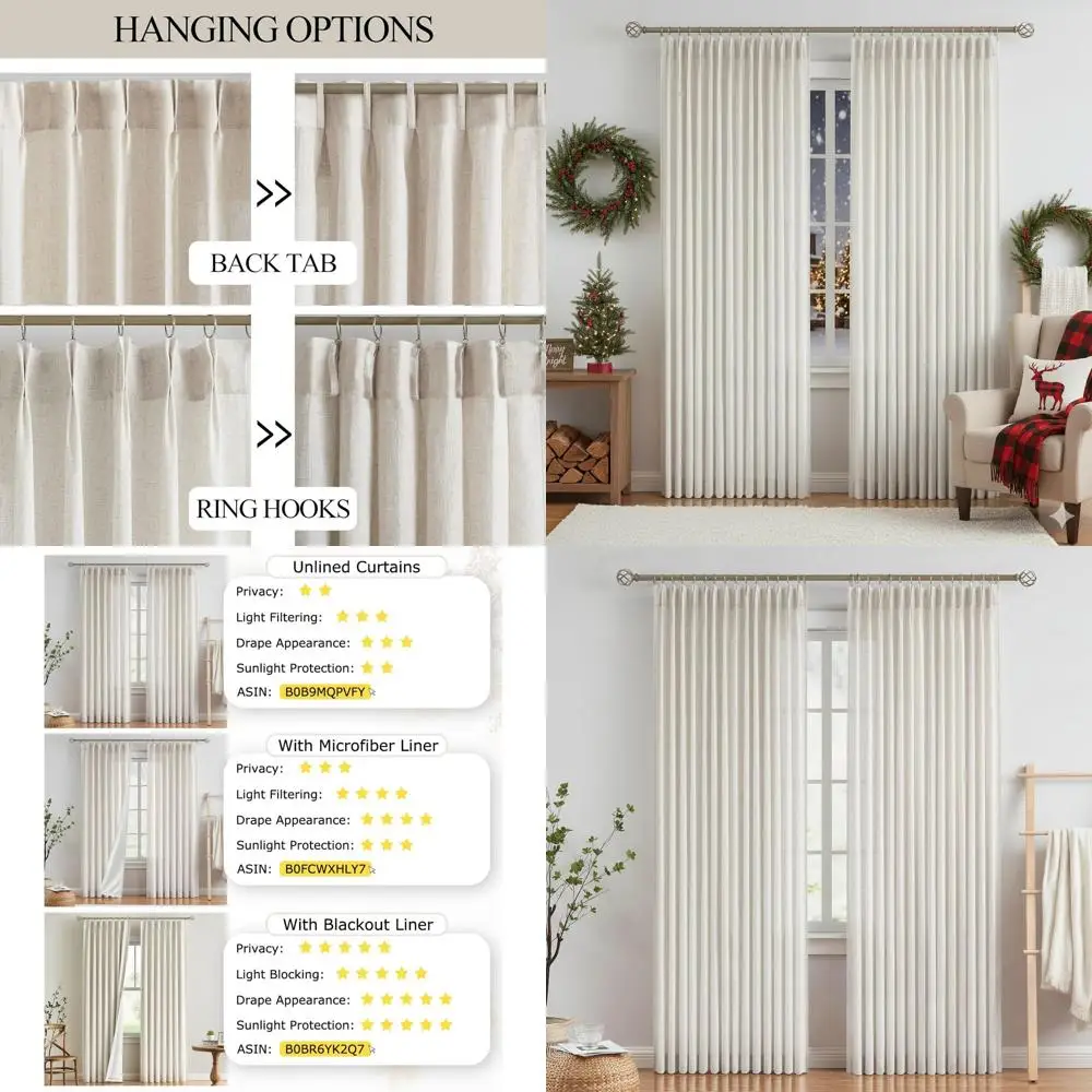 

Textured Linen Blended Semi-Sheer Curtains, 90 Length, Pinch Pleated, Light Filtering, 2 Panels, 42 Wide for Living Room/Bedroom