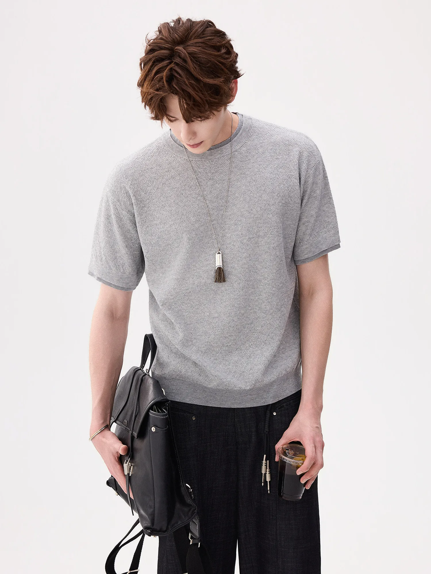 2026 Summer Men's High-end Blended Faux Two-piece Tops Round Neck Knitted Sweater Short-sleeve Tops Men's Color Matching Tees