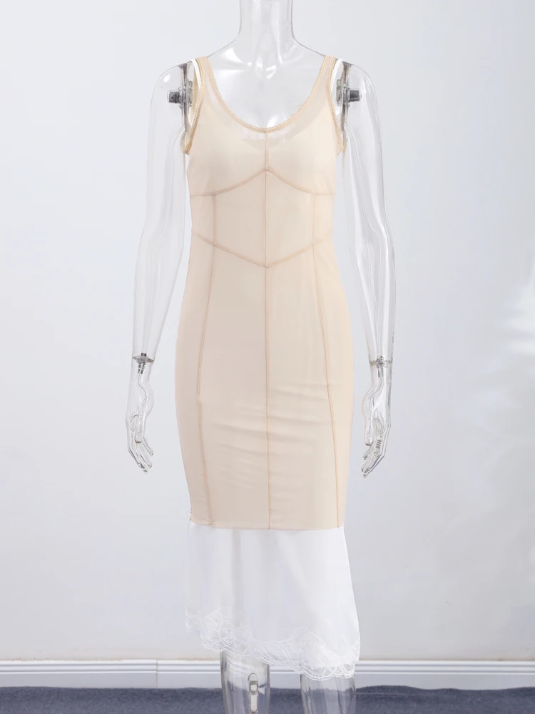 Transparentes Mesh-Overlay Spitzenbesatz Slip Langes Kleid Damen Sexy V-Ausschnitt Ärmellos Bodycon Kleider Charmante Figurbetonte Kleider für Dates und Partys – Detail 4