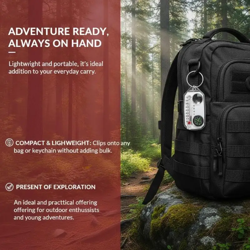 Leichter 3-in-1 Kompass-Schlüsselanhänger mit Mini-Thermometer und Lupe für Kinder-Outdoor-Aktivitäten und Camping – Detail 6