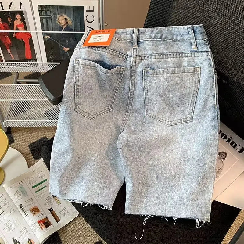 Y2K Ripped Denim Shorts European and American High Street Cross Jeans hip-hop Boyfriend straight loose wide-leg pants ins hot