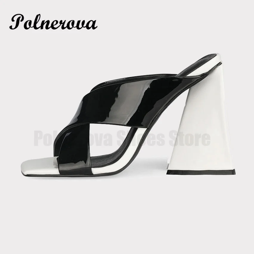 

Black Patent Leather Chunky High-Heeled Slippers Women Summer Triangle Heels and Empty Large Open-Toed Square Toe Sandals