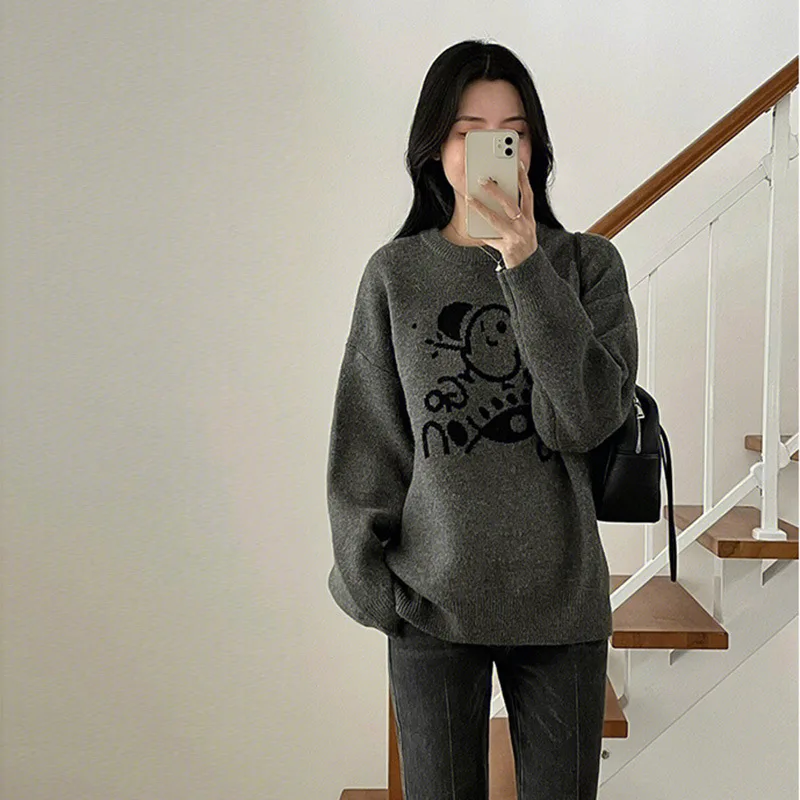 

Women's Autumn Winter Casual Sweater Simple O-Neck Long Sleeve Loose Pullovers Korean Stylish All Match Knitted Tops