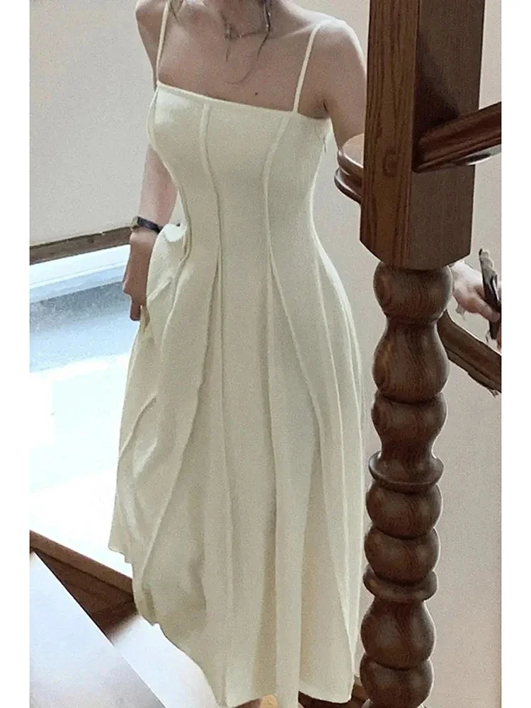 Elegant Vintage Women's White Chiffon Dress with Spaghetti Straps for Women Sleeveless Casual Partyidos Fashion Robe Clothes