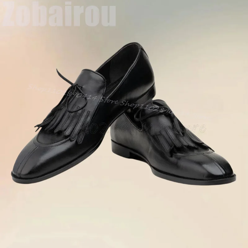 Black Tassels Bow Knot Decor Matte Leather Loafers Fashion Slip On Men Shoes Luxurious Handmade Party Banquet Men Casual Shoes