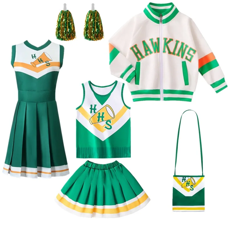 Costume de cosplay pour enfants et adultes Chrissy Cunningham, accessoires de pom-pom girl de la 4ème saison de Stranger Things, veste et robe Lucas Sinclair de l'école secondaire Hawkins