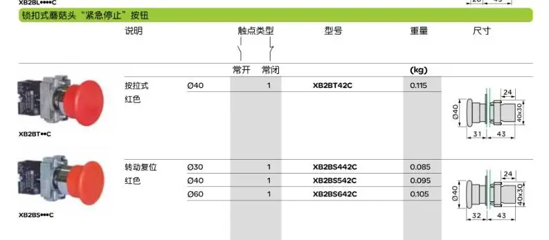 2PCS/LOTS XB2BS542C XB2BS442C XB2BS642C XB2BS545C XB2BT42C XB2BS544C Emergency stop button NEW STOCK