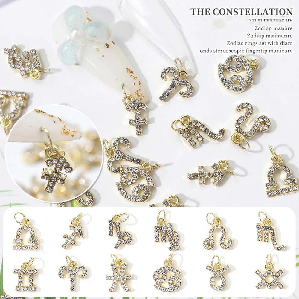 10Pcs 12Constellation Alloy Nails Charms Metal Zodiac With Rhinestone Dangle Decorations 3D Shiny Sign Symbol Manicure Accessory