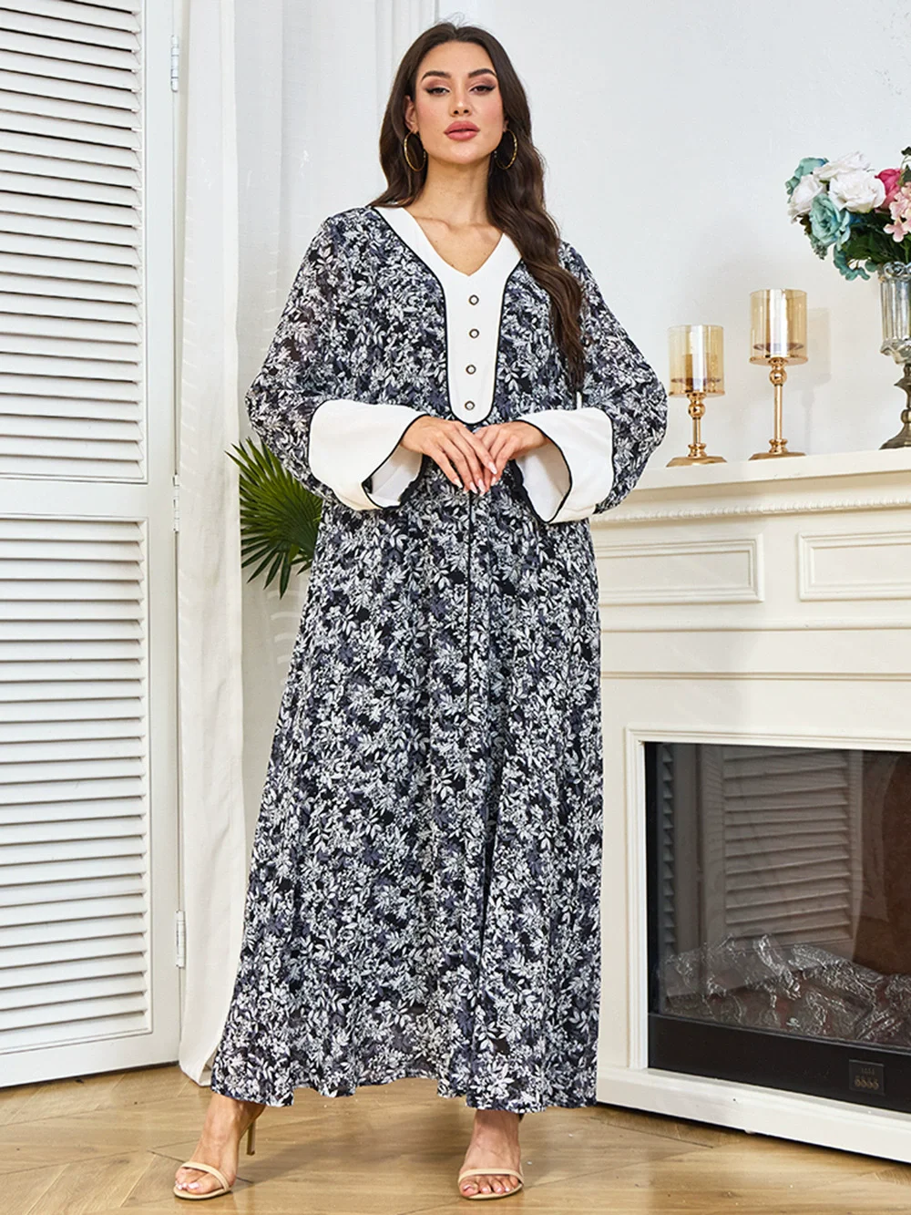 

Muslim luxury fashion long dress, Islamic Saudi Arabian Dubai dress, printed patchwork robe, Middle Eastern casual dress, abaya