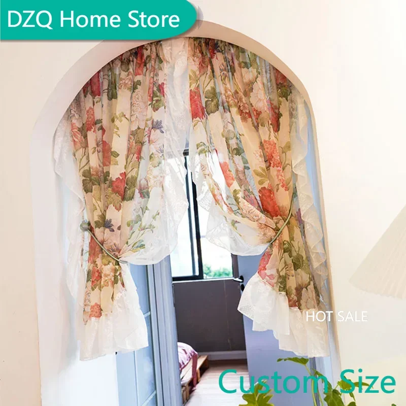 

2 Piece Set French Country Floral Print Small Curtains Vintage Ruffles Farmhouse Curtains for Kitchen, Bathroom Small Windows