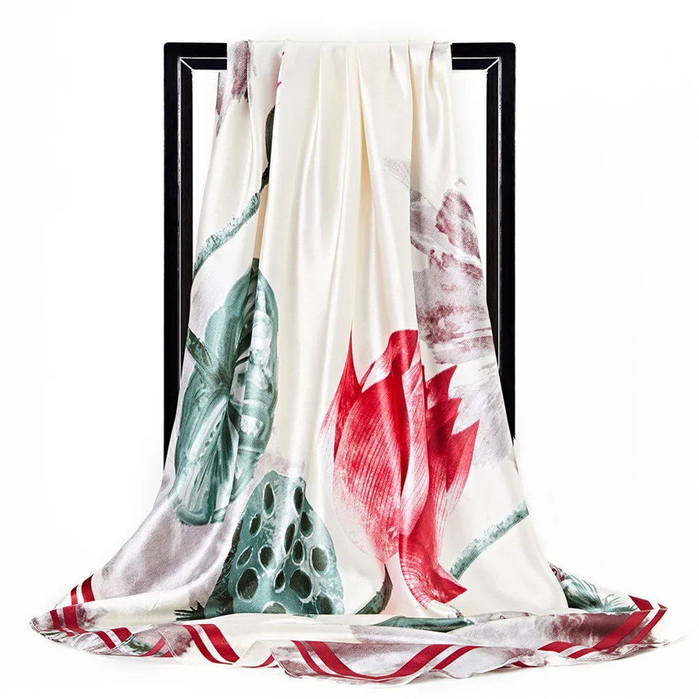 90cm Lotus Pond Print Square Scarf Women Neckerchief Head Silk Scarves For Ladies Brand Shawl Silk Women Scarf Foulard Hijab