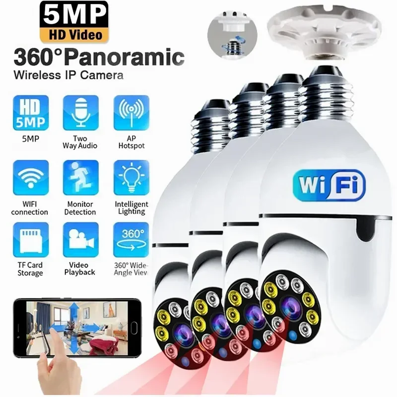 5MP E27 Bulb Surveillance 4X Digital Zoom Camera WiFi Wireless Baby monitor Cameras AI Tracking Home Color Night Vision CCTV Cam