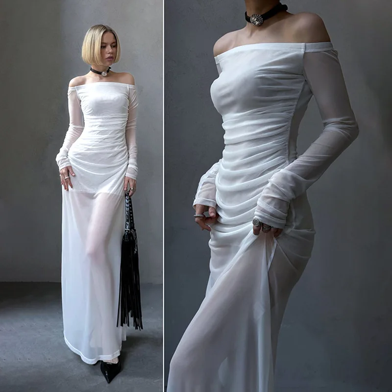 Elegant Slash Neck Long Sleeve Mesh Dress 2024 Sexy Female See Through High Waist Folds Slim Fit Long Dresses White Black