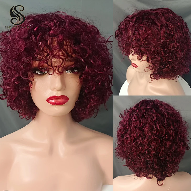 Borgonha curto Bob peruca com Franja, Full Machine Made, onda de água, Remy cabelo humano, 99J Bouncy