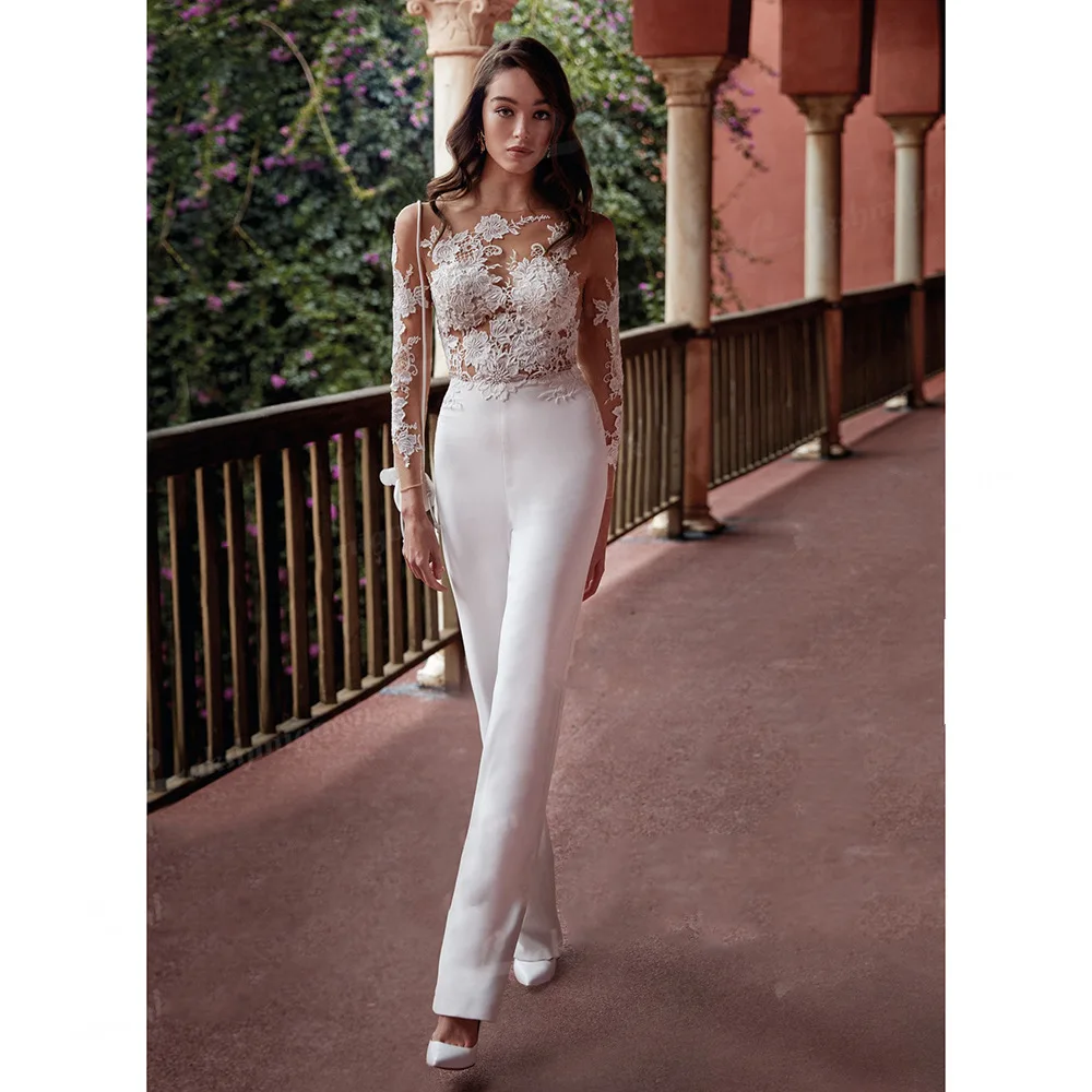 CloverBridal 2024  Sexy Sheer Lace Lace+Elastic Woven Satin Jumpsuit Party Bride Wedding Attire with Detachable Overskirt WW8250