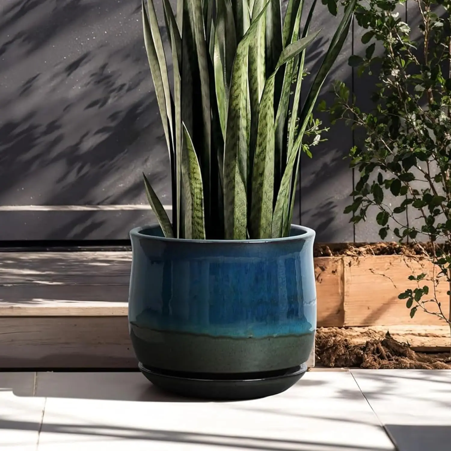 Indoor/Outdoor Use, Ceramic, Blue and Green Gradient Glaze Plant Pot with Drainage Hole and Saucer for Modern Home Garden Decor