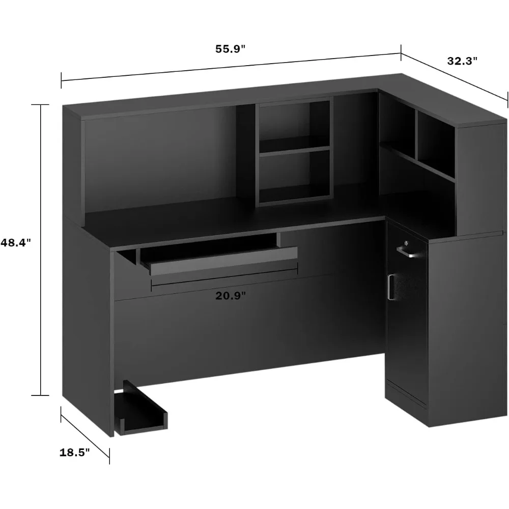 Reception Desk L-Shaped Office Desk with Counter, 1 Door Storage Cabinet, 1 Lockable Drawer, Hutch Shelf and Keyboard Tray,