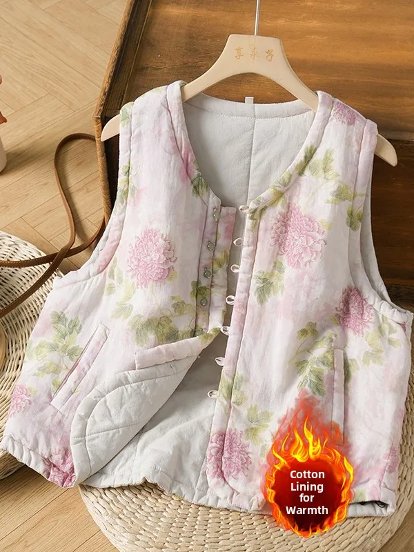 Thiened – gilet en coton imprimé artistique rétro pour femmes, grande taille, chaud, Svel Jaet avec ket incliné, tenue décontracté