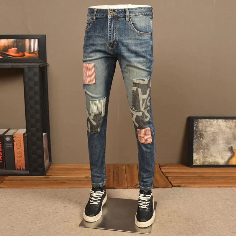High Street Fashion Men Jeans Retro Blue Elastic Stretch Slim Fit Ripped Jeans Men Patched Designer Hip Hop Denim Pants Hombre
