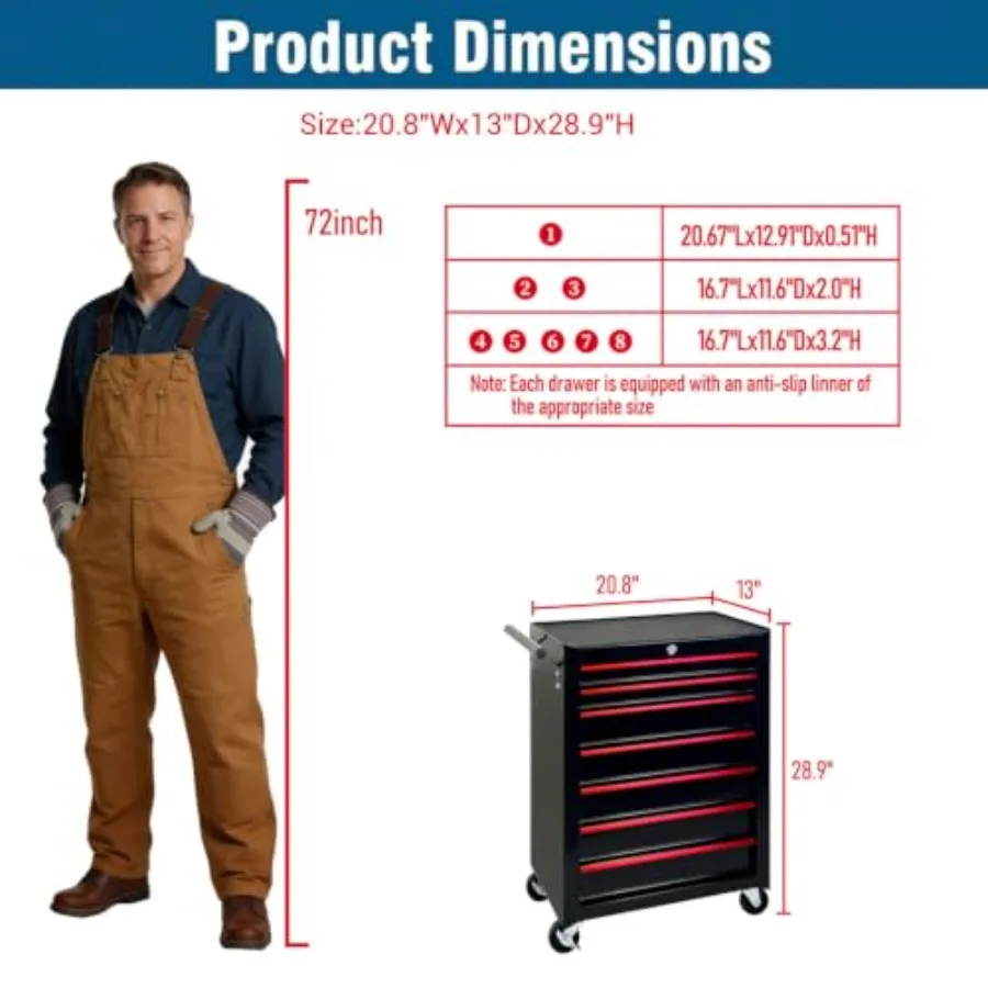 7-Drawer Rolling Tool Cabinet on Wheels, Lockable Drawers Rolling Tool Chest with Locking Wheels, Mobile Trolley Organizer Tool