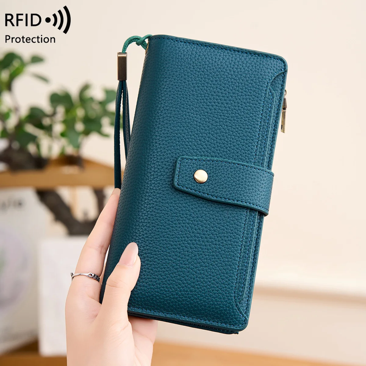 New RFID women's wallet litchi pattern PU soft leather clutch bag fashionable long wallet with multiple card slots