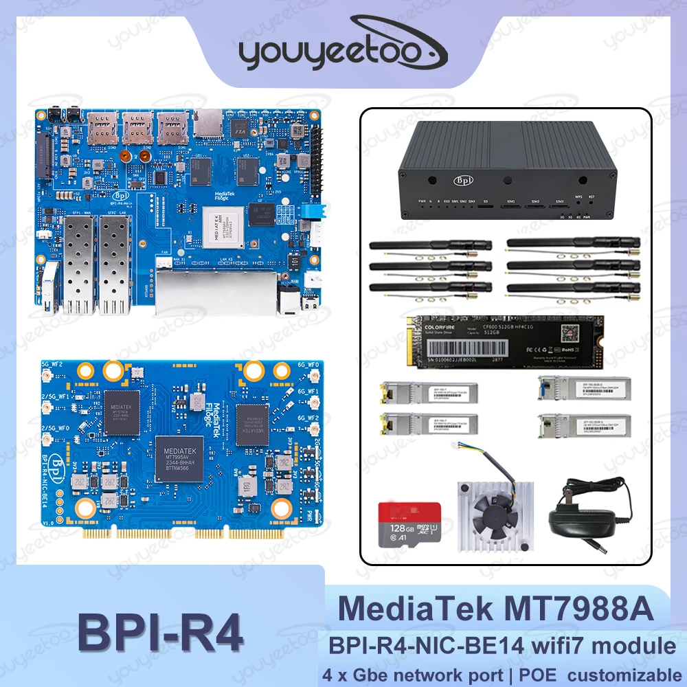 Плата маршрутизатора Banana Pi 4 ГБ BPI-R4 OpenWRT MediaTek MT7988A Маршрутизатор интернет-сервиса с набором модулей BPI-R4-NIC-BE14 WiFi7