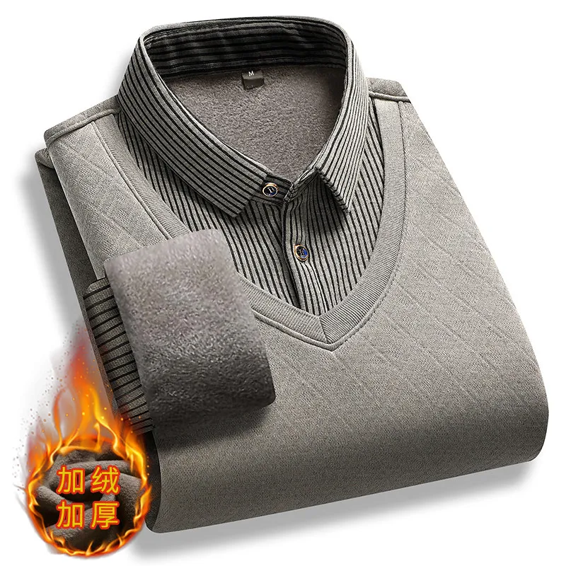 New Autumn Men Stripe Casual Twinset Shirts Sweaters Man Outwear Knitted Pullovers Male Fleece Warm Fake Two Pieces Sweaters 4XL
