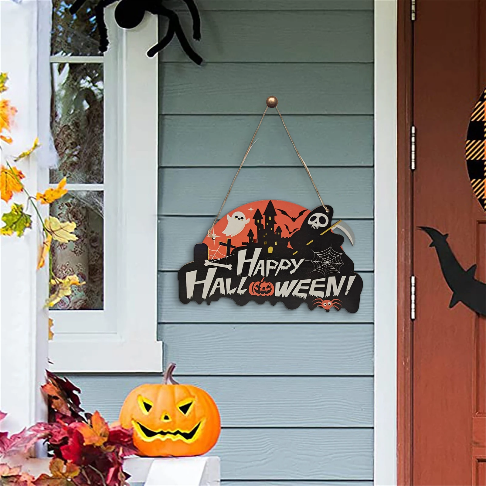 Scary Happy Halloween Door Hanger Happy Halloween Party Front Door Sign Rustic Hanging Board Boo Sign Ghost Ornaments For