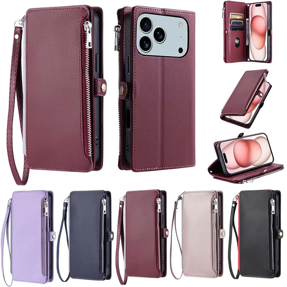 지퍼 카드 슬롯 지갑 가죽 플립 케이스 아이폰 17 프로 맥스 에어 16 15 플러스 14 13 12 11 SE 2022 폰 커버 핸드 스트랩 커버