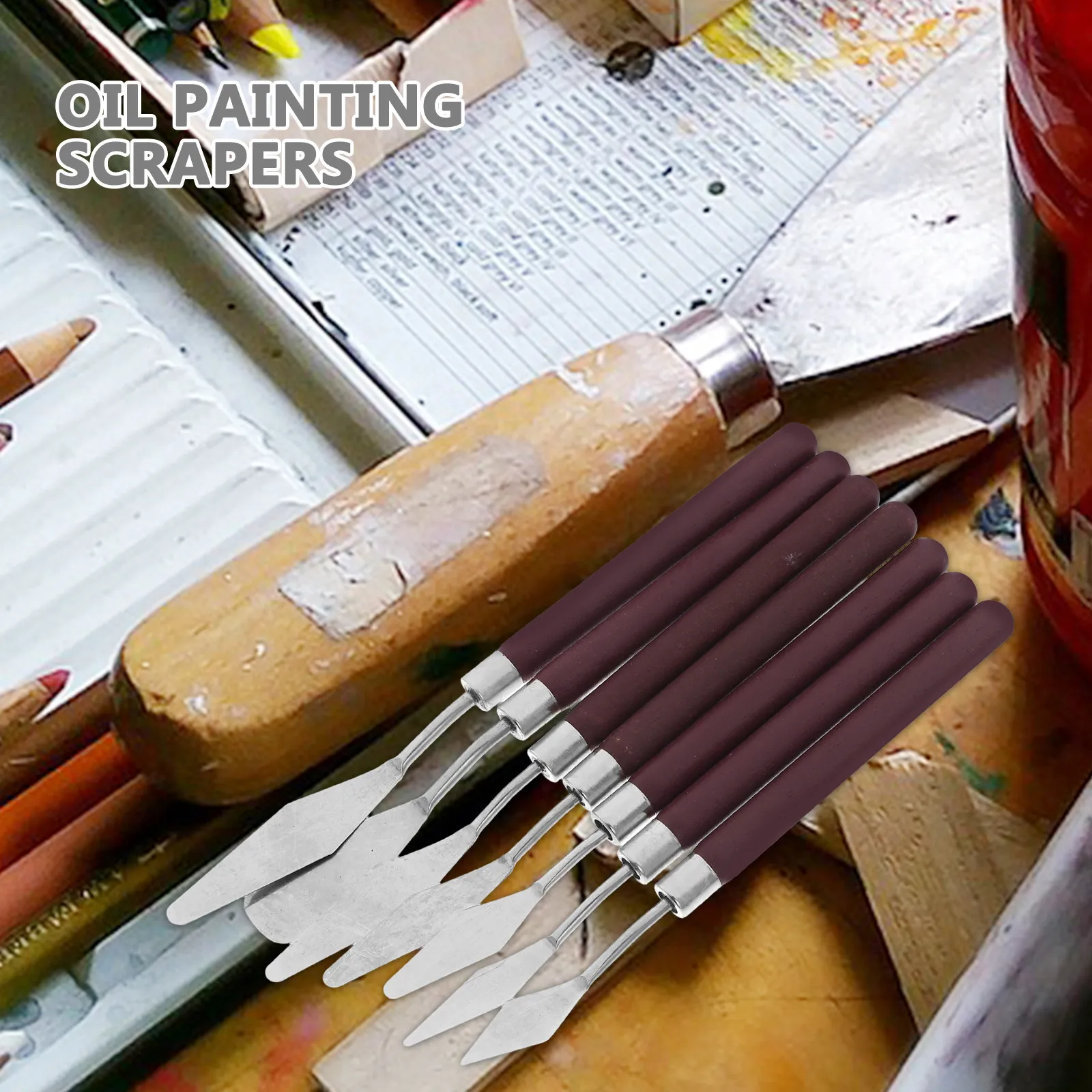 7Pcs Oil Painting Palette Knives Wooden Handle Stainless Steel Art Spatula Set for Canvas Color Mixing and Smooth Application