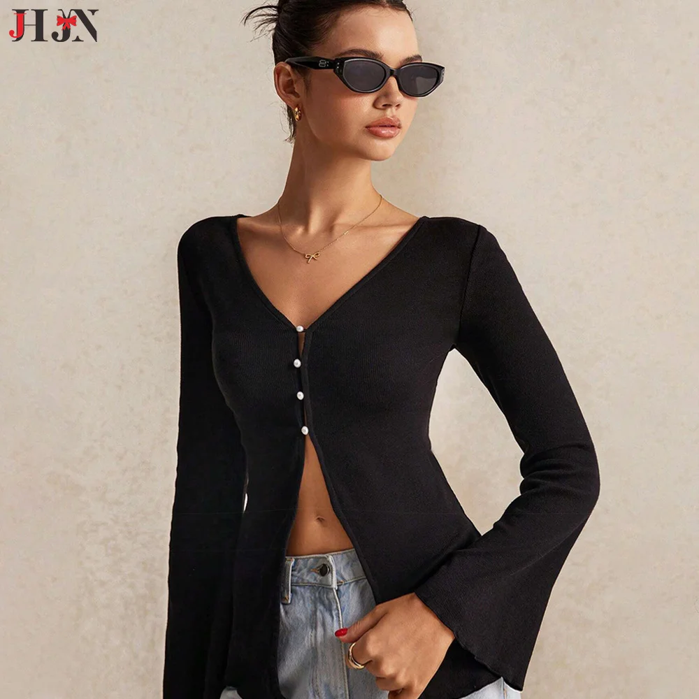 

Summer Women's Clothing Sexy T-shirt Niche Design Slimming And Exposing The Navel Pearl Button Cardigan Top Knitted Cardigan