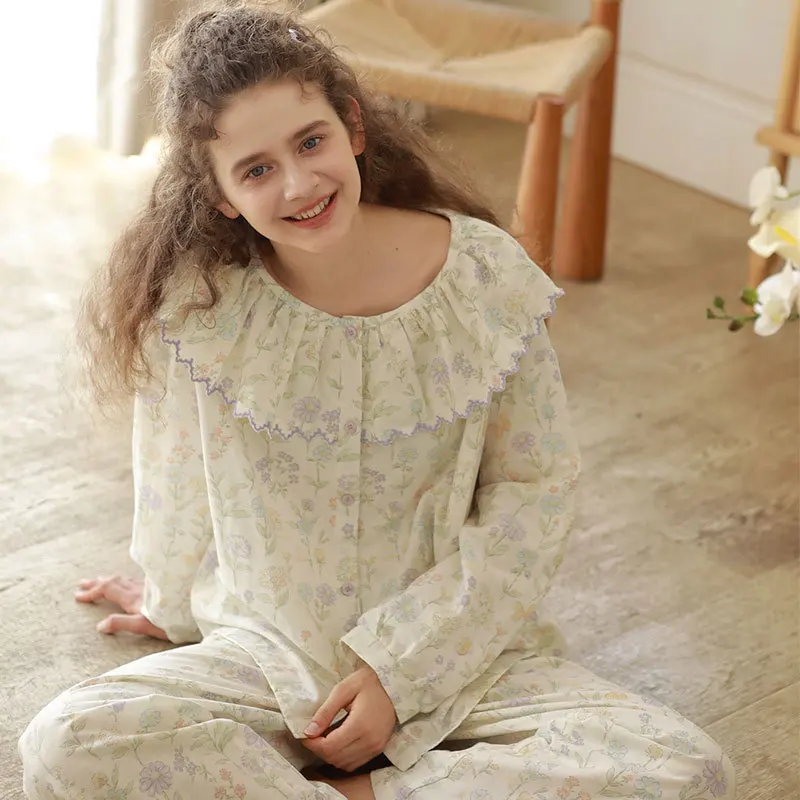Women 100% Cotton Printing Sleepwear For Four Seasons Embroidery Ruffles Collar Full Sleeves Floral Pajamas Loose Cardigan PYJS