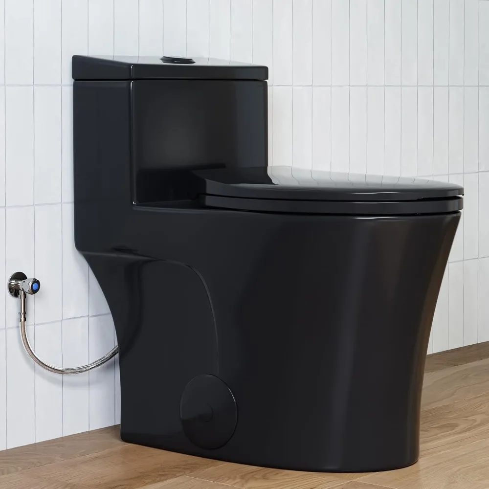 

Elongated One Piece Toilet 10" Rough-in, Matte Black Toilets, Powerful Dual Flush Modern Toilet