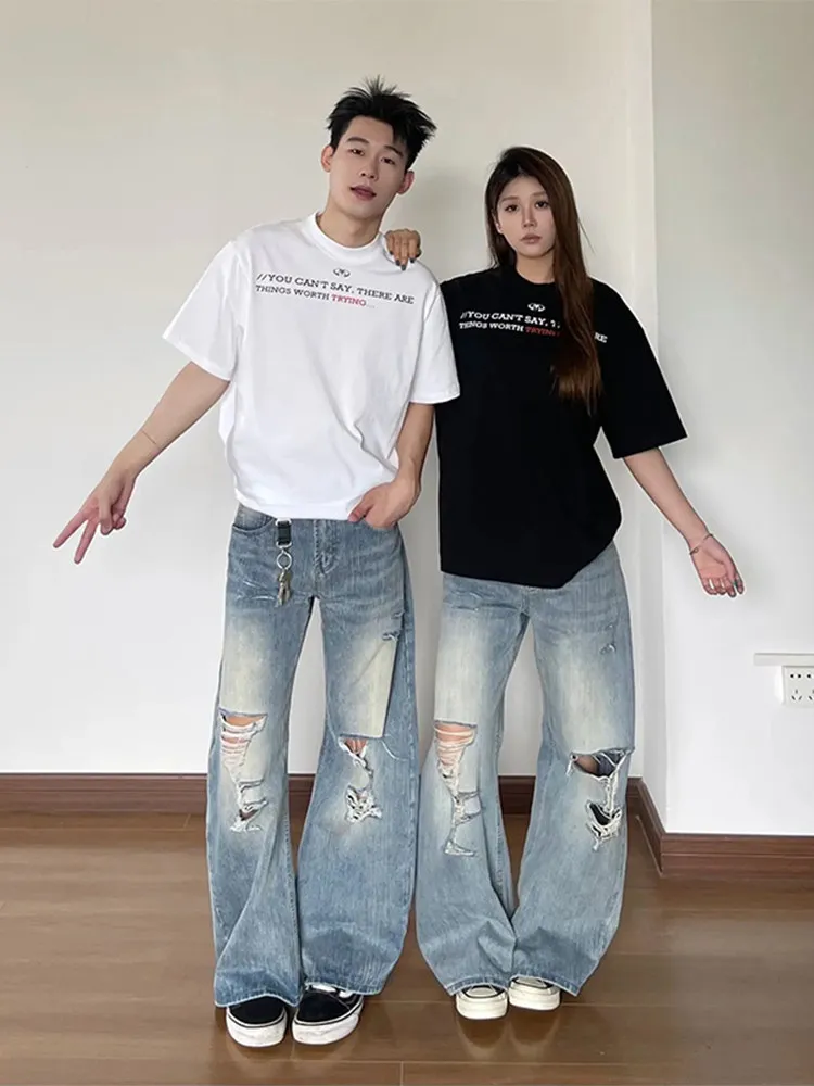 American Style High Street Loose Fit Thin Denim Jeans Women Summer Small Size Pants Wide Leg Long Trousers Tear Detail - view 3