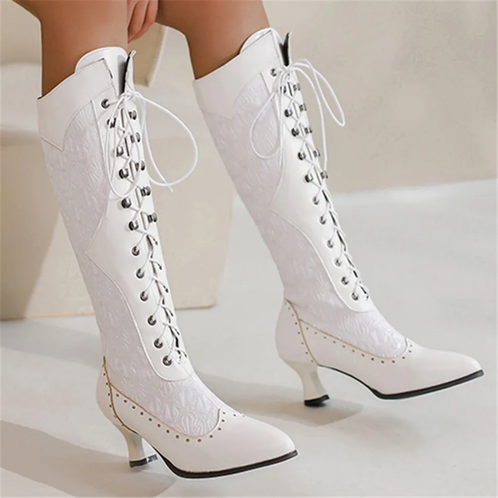 Women Victorian Pointed Toe Mid-Calf Boots Leather Lace Hollow Out Punk Lace Up Strange Steampunk High Heel Shoes Plus Size32-43