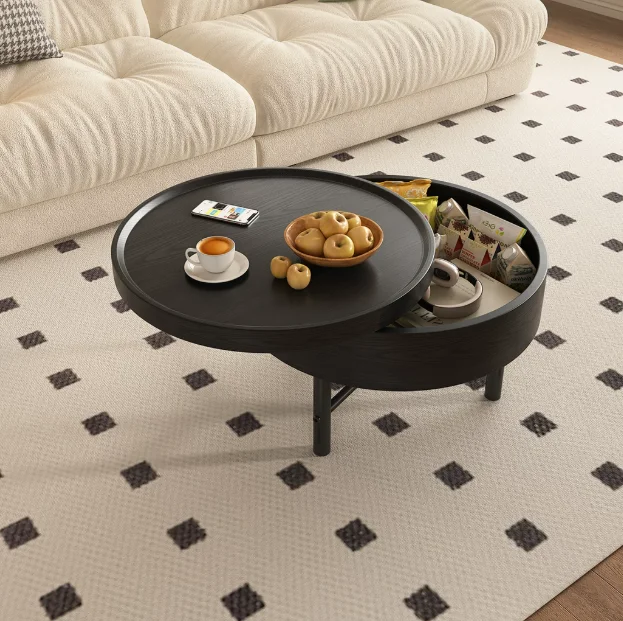 xx-Retro Rotating Round Coffee Table for Small Apartments, Modern Minimalist Black Side Table with Storage&