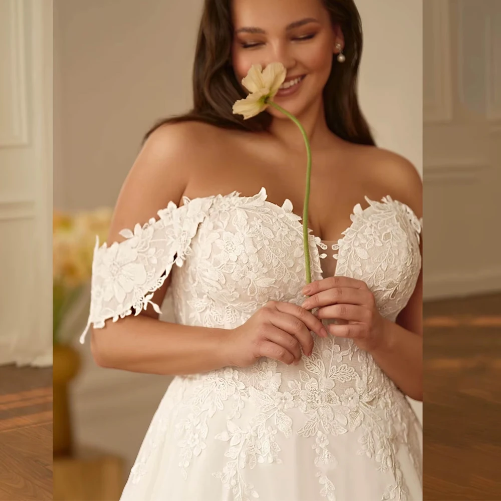 Aangepaste romantische chiffon bruidjurk off-shoulder applicaties bruidsjurken lieverd backless plus size vestido bruidsjurk