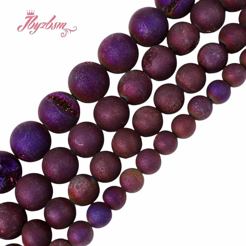 Natural Metallic Coated Druzy Purple Agate Round Stone Beads For Necklace Jewelry Making 15
