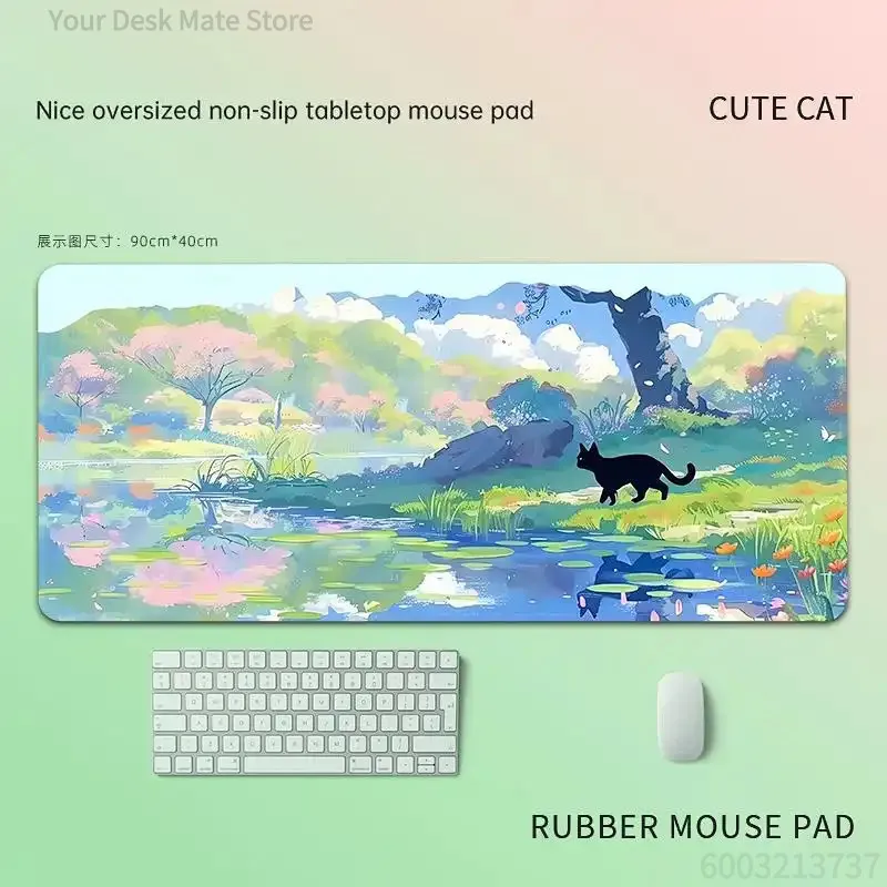 Spring Lake Black Cat Mouse Pad Waterproof Non‑Slip Anime Style Idyllic Pond Mountain Floral Scenery Art Mousepad for Gaming