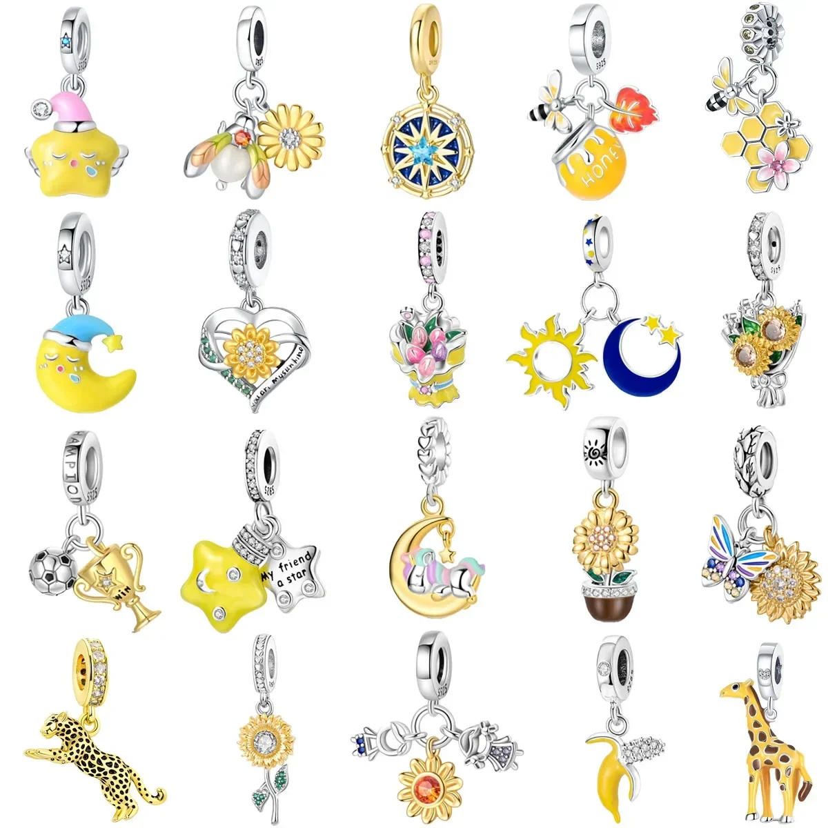 

Original 925 Sterling Silver Yellow Sun Moon Star Bee Sunflower Charms Beads for DIY Bracelet Women Jewellery Gift
